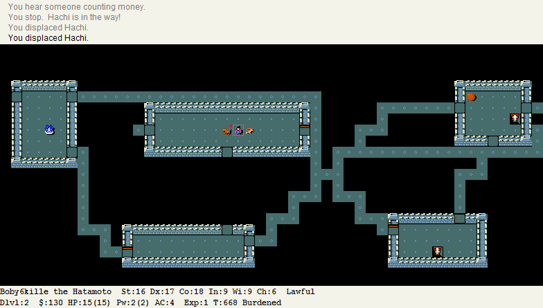 Экран NetHack 3.4.3 с картой подземелья, символами и сообщениями